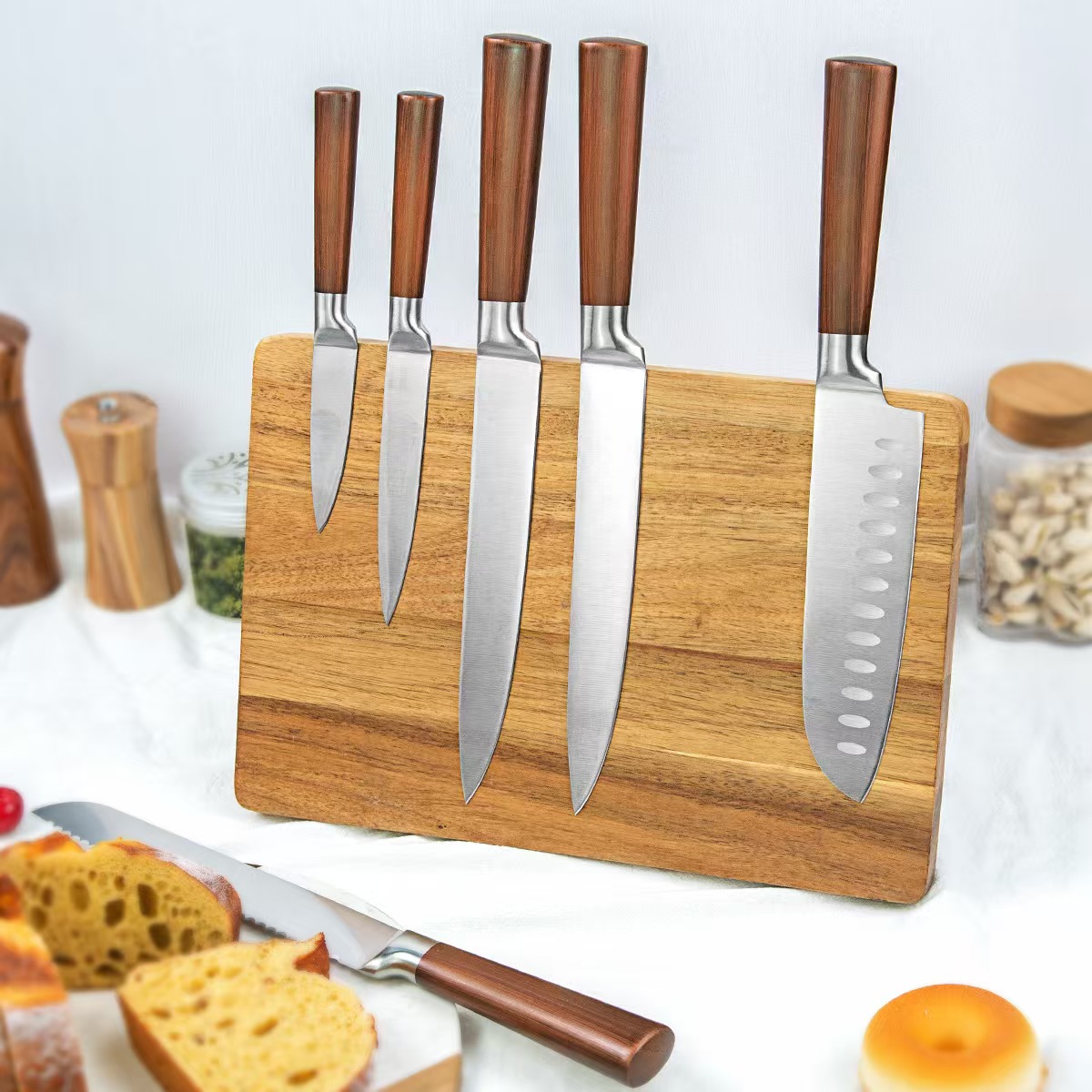 Magnetic Knife Holder Block – Acacia Wood Countertop Stand with Strong Magnets